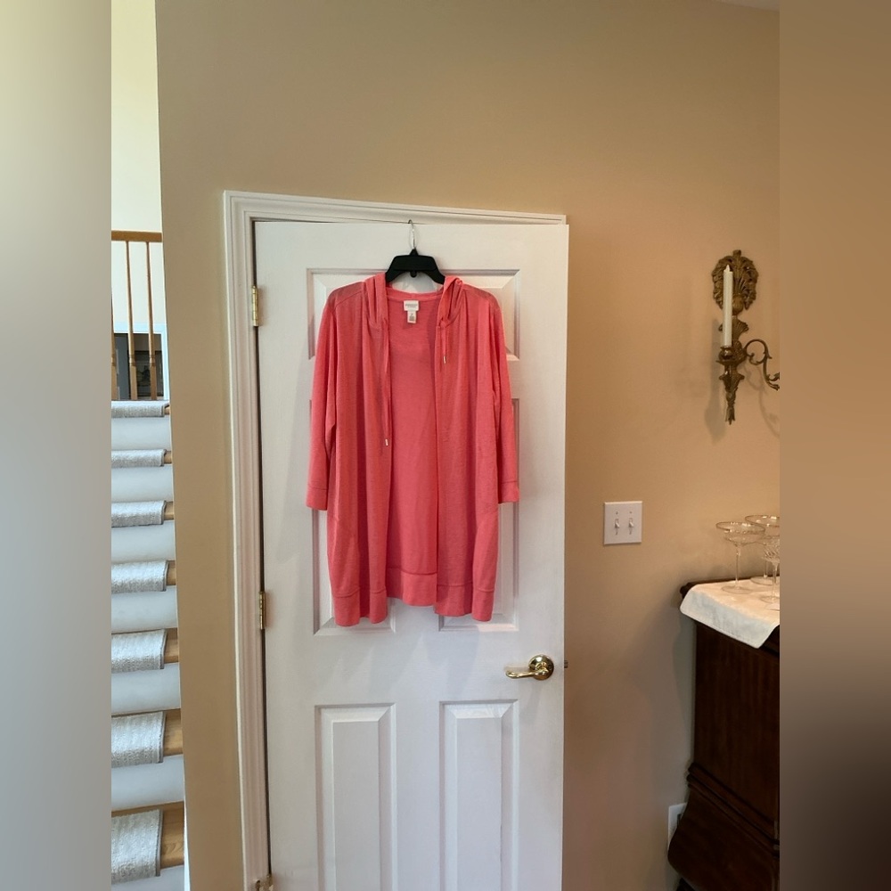 Chico's Weekends Coral Hooded Open Cardigan